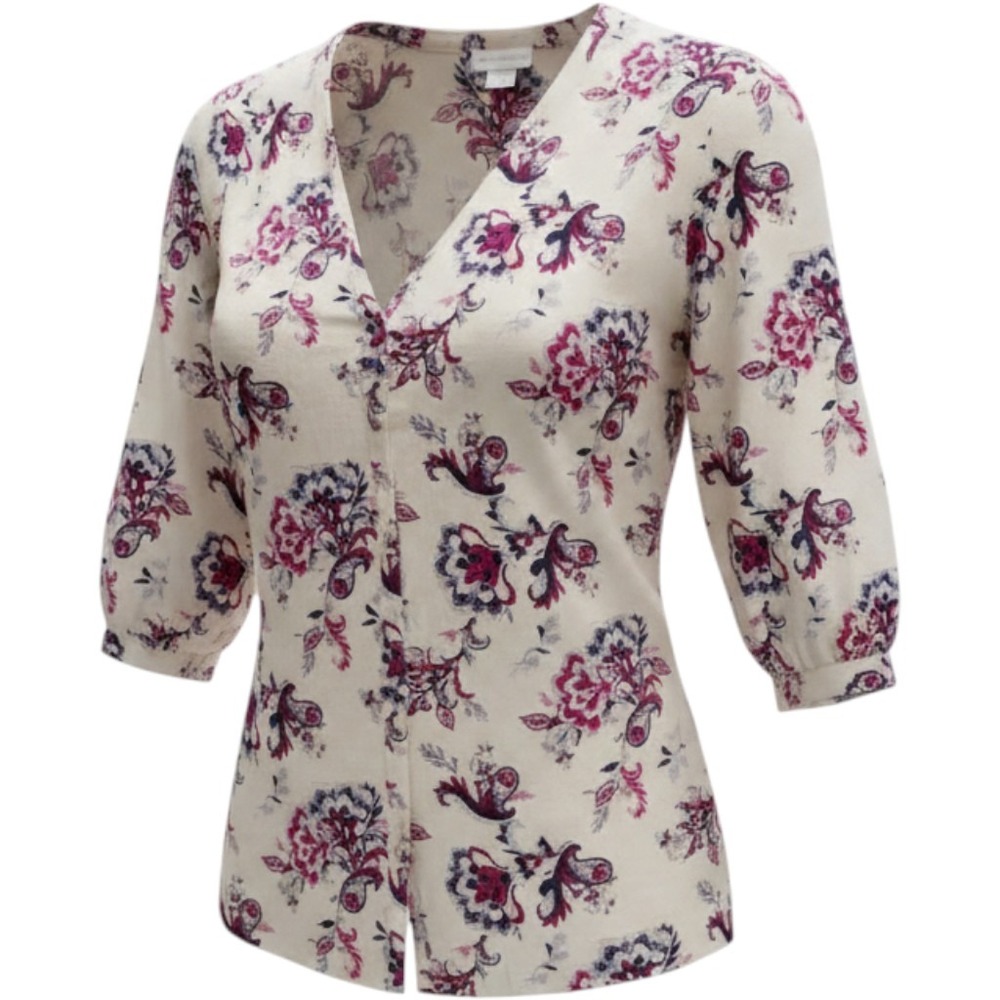Liz Claiborne Floral V-Neck Button Up Blouse Cream Pink Navy 3/4 Sleeve Medium